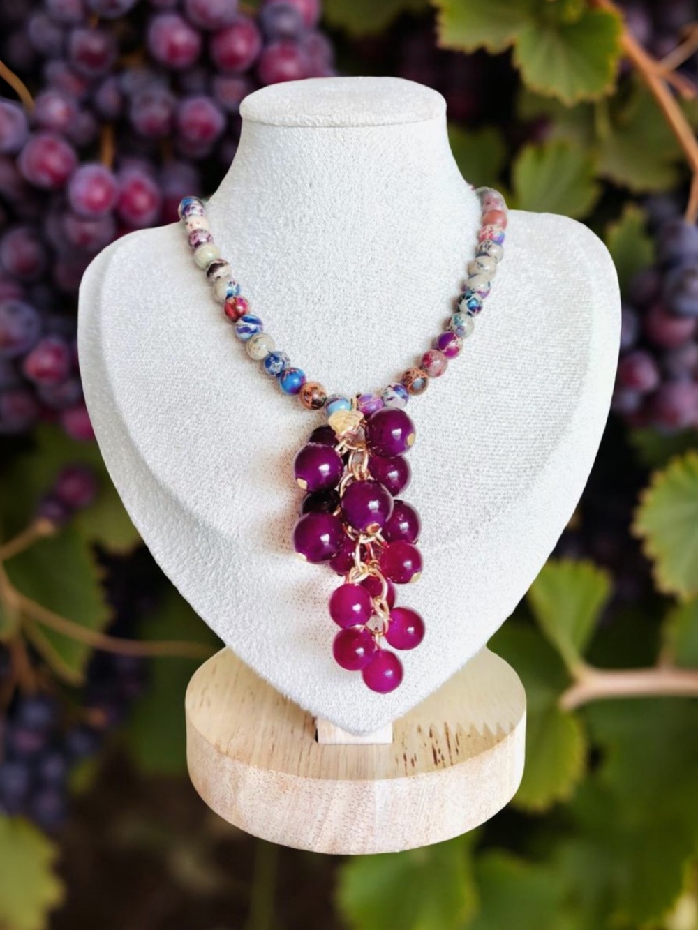 One-of-a-Kind Jasper Stone Vibrant Grapes Purple Cluster Necklace Vintage